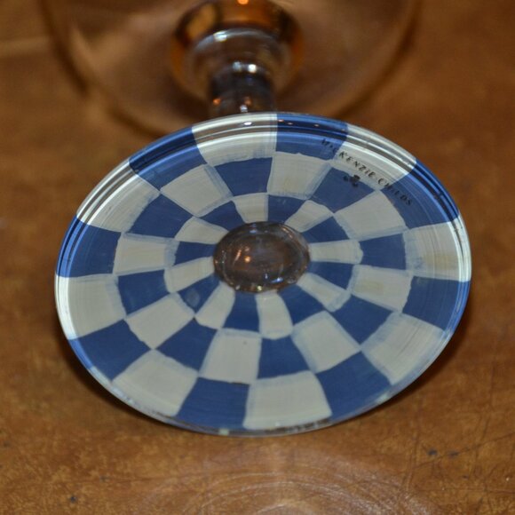 RARE RETIRED DESIGNER MACKENZIE CHILDS BLUE ROYAL CHECK GOLD WATER GLASS GOBLET - Picture 10 of 11